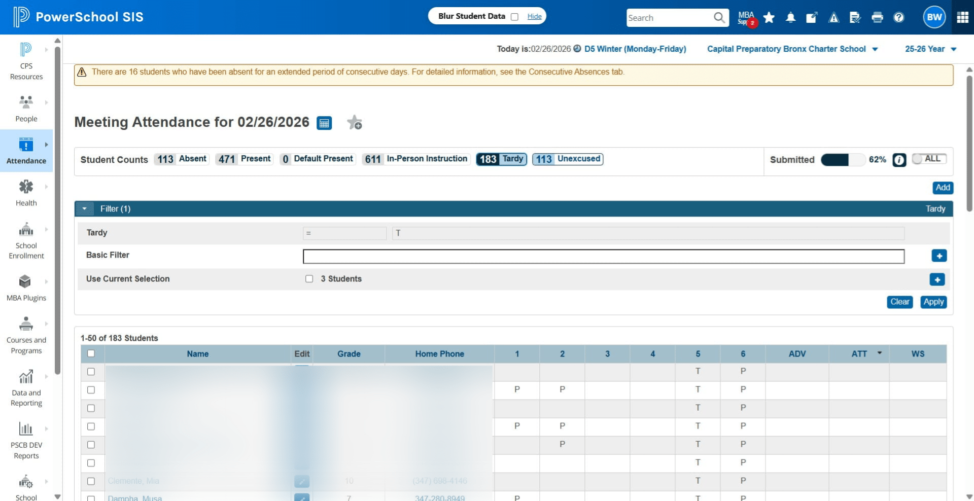 Click on "Unexcused".  Review the ATT Column. Every student MUST have a P for Present, A for Absent, T for Tardy, EX for Excused Absent, OSS for Suspension, and SSA for School Activity in the ATT column. 