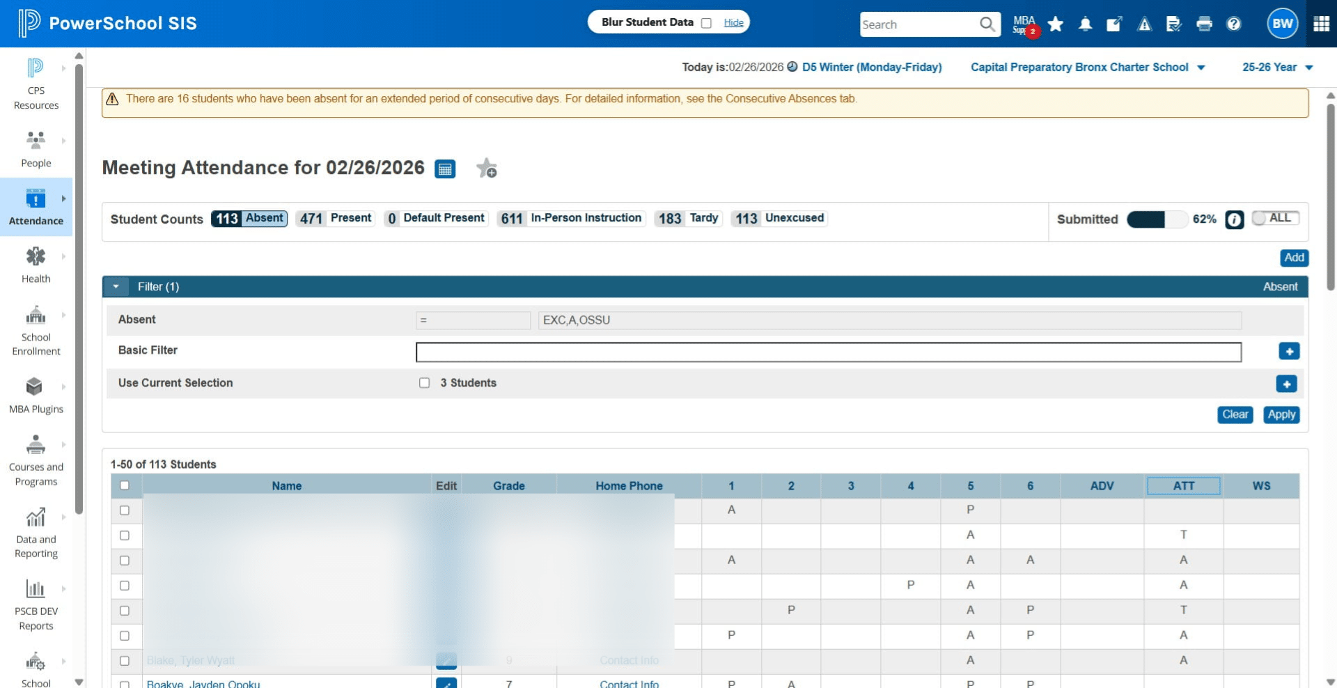 Review the ATT Column in EACH tab. Starting with the ABSENT Tab.  Every student MUST have a P for Present, A for Absent, T for Tardy, EX for Excused Absent, OSS for Suspension, and SSA for School Activity in the ATT column.  You can update individually by clicking the Pencil under the EDIT column or by selecting multiple students and doing a mass update.