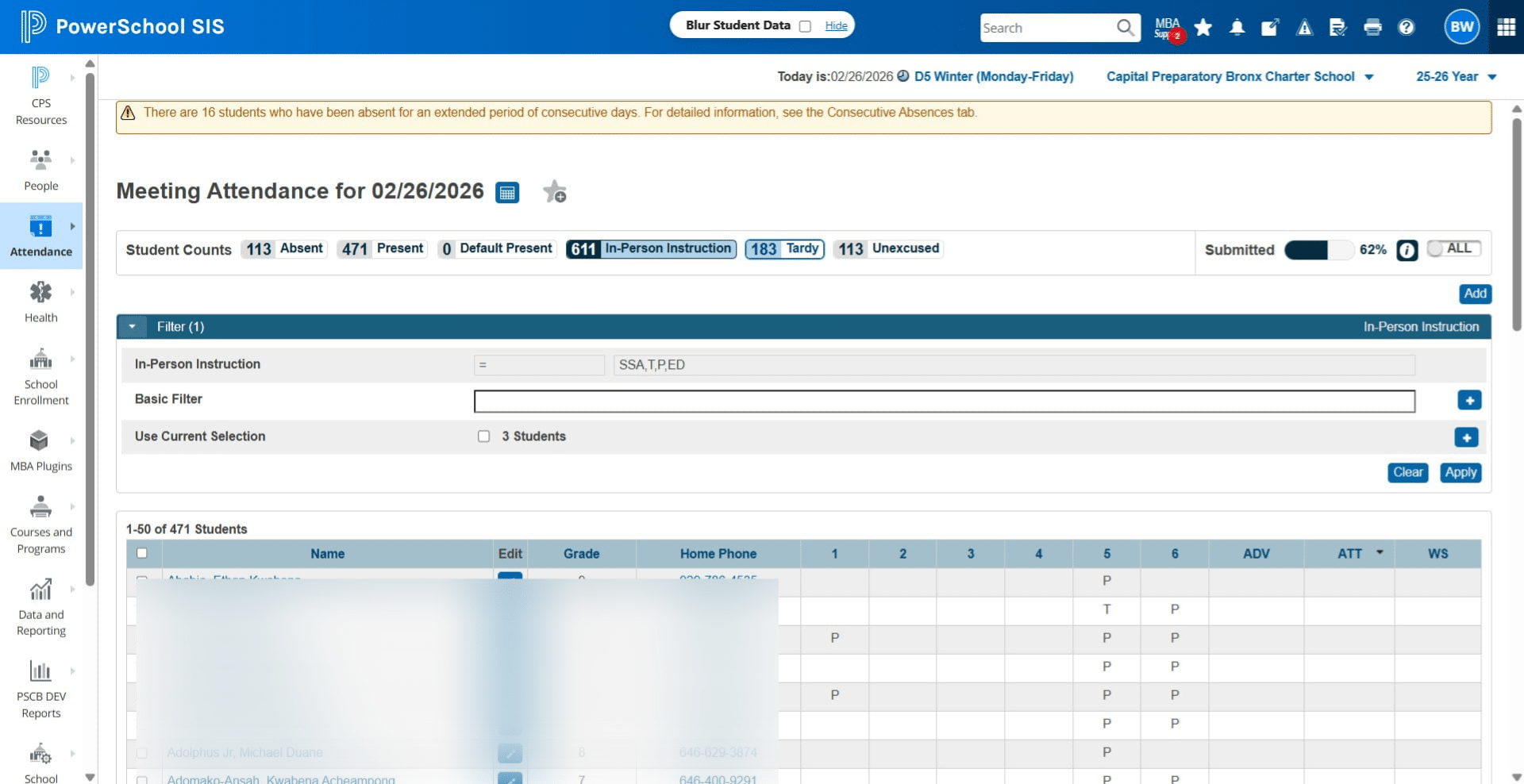 Click on "Tardy".  Review the ATT Column. Every student MUST have a P for Present, A for Absent, T for Tardy, EX for Excused Absent, OSS for Suspension, and SSA for School Activity in the ATT column. 