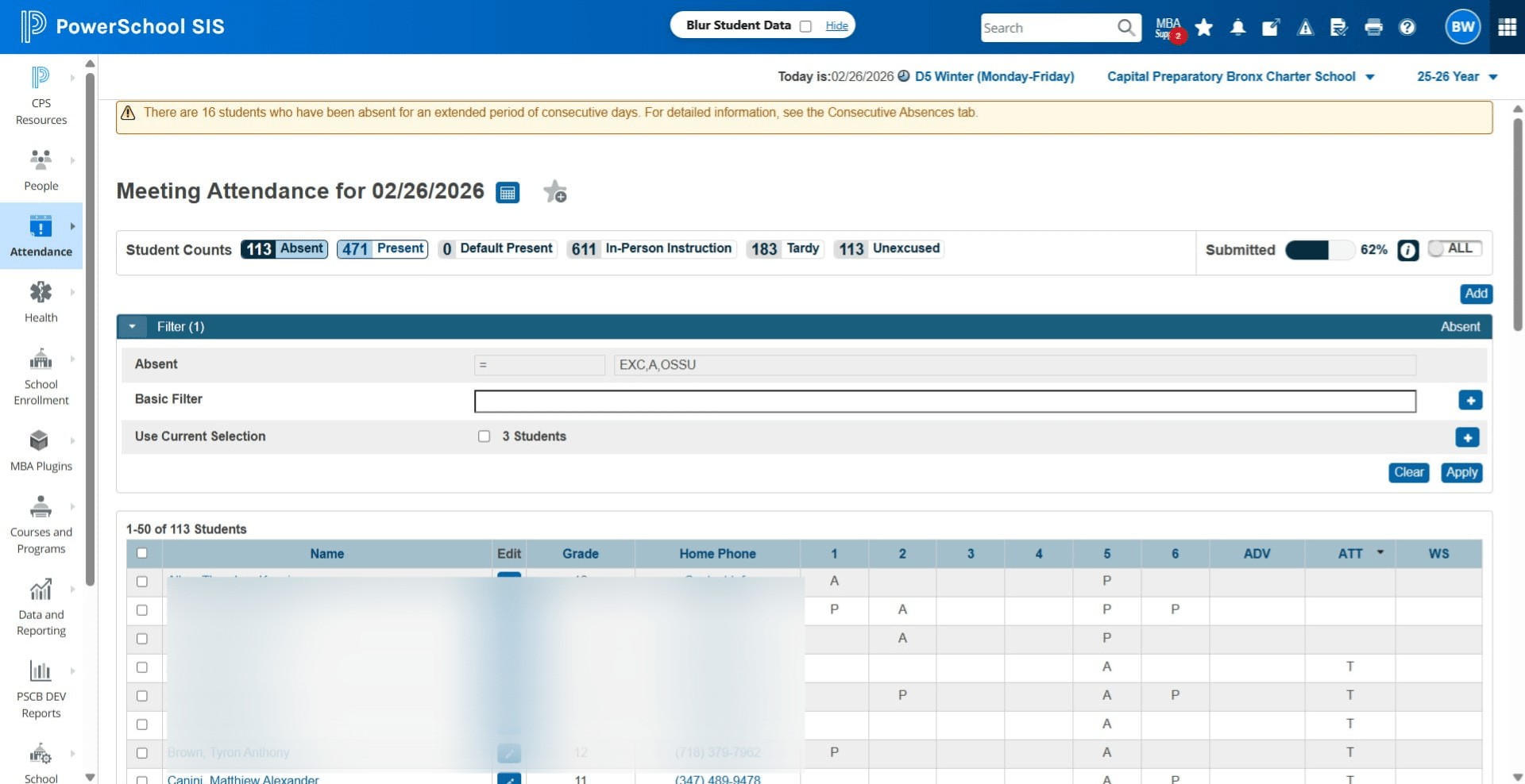 Click on "Present". Review the ATT Column. Every student MUST have a P for Present, A for Absent, T for Tardy, EX for Excused Absent, OSS for Suspension, and SSA for School Activity in the ATT column. 