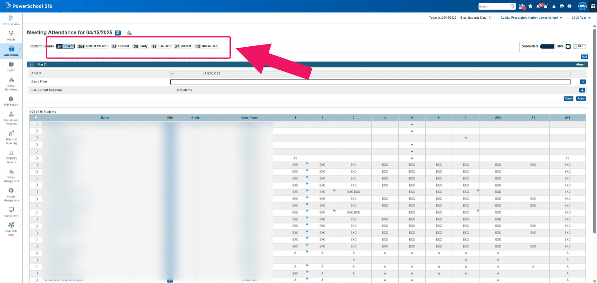 Check Absent Tab, Present Tab, and Tardy Tab. Ensure all students have a code set.