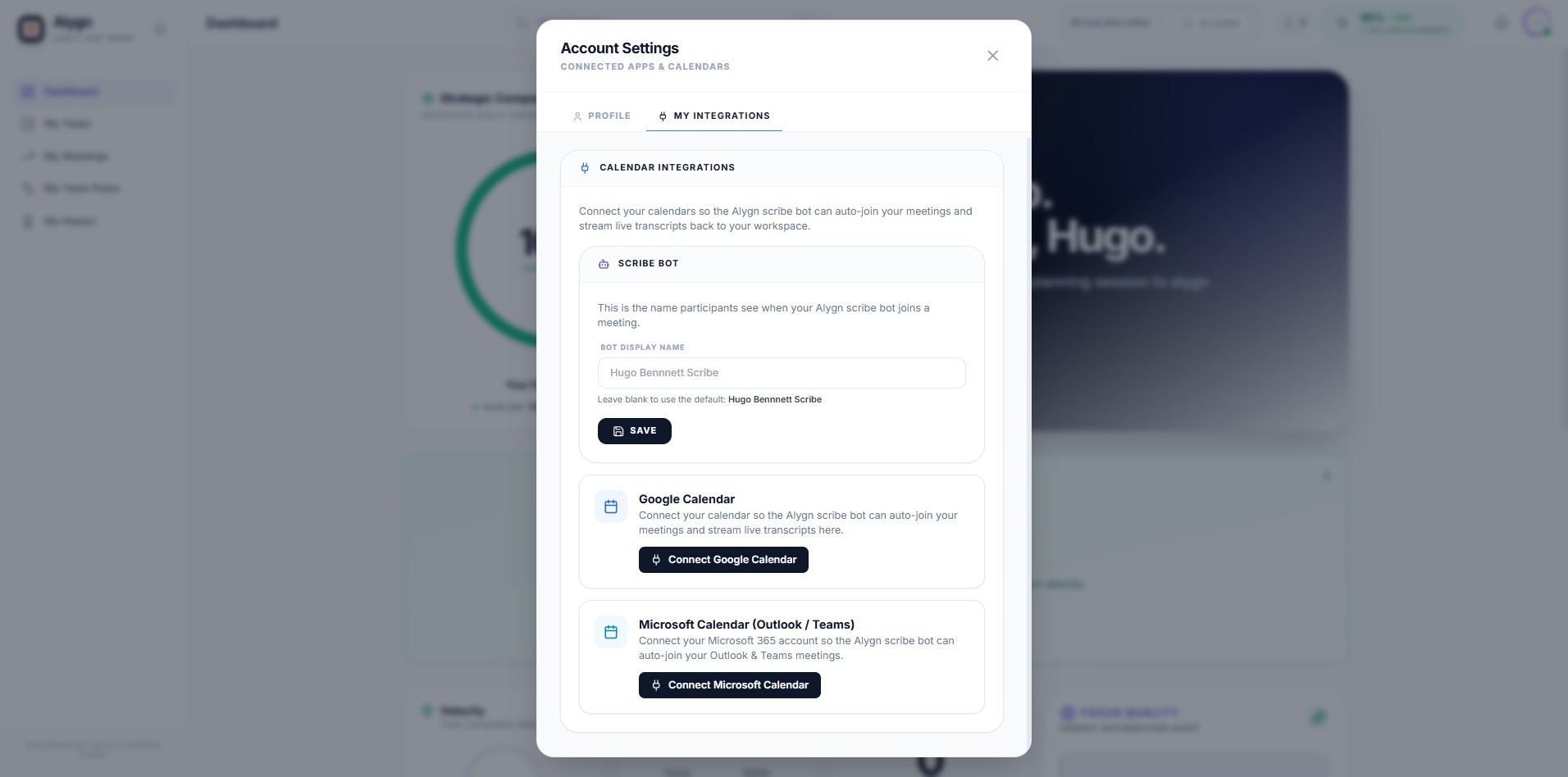 Click here
You are now on the My Integrations page. In the Scribe Bot section, click on the bot display name field to customize the name that meeting participants will see when the Alygn Scribe Bot joins a call.