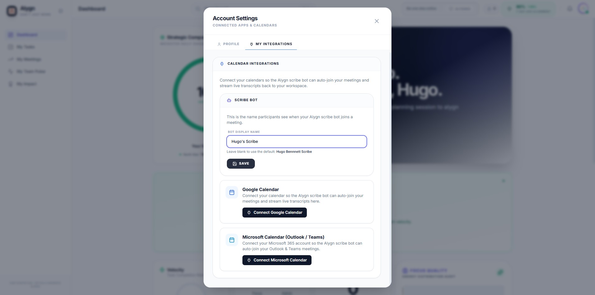 Click this icon
Type a custom display name for your Alygn Scribe Bot in the "Bot Display Name" field. This is the name other meeting participants will see when the bot joins your calls. Once you've entered your preferred name, click the "SAVE" button to confirm the changes.