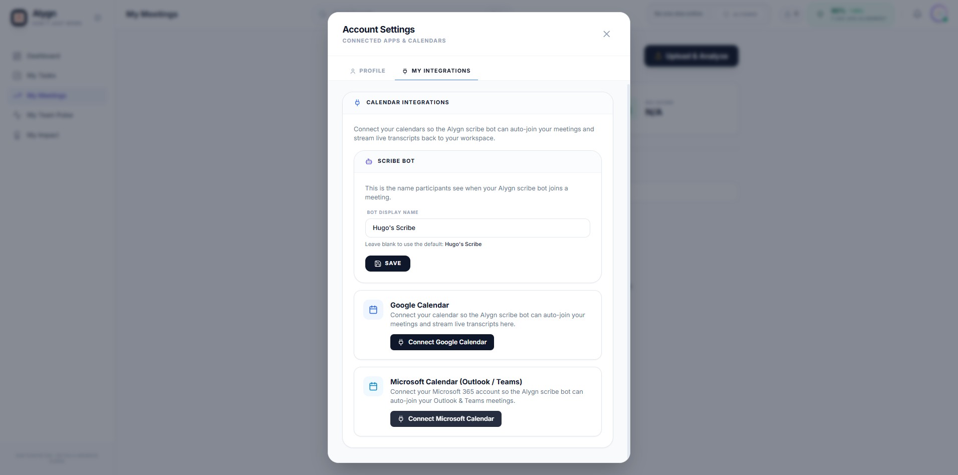 Click this icon
If you use Microsoft 365, Outlook, or Teams for your meetings, click the "Connect Microsoft Calendar" button. This connects your Microsoft account to the Alygn Scribe Bot, enabling it to automatically join and transcribe your Outlook and Teams meetings.