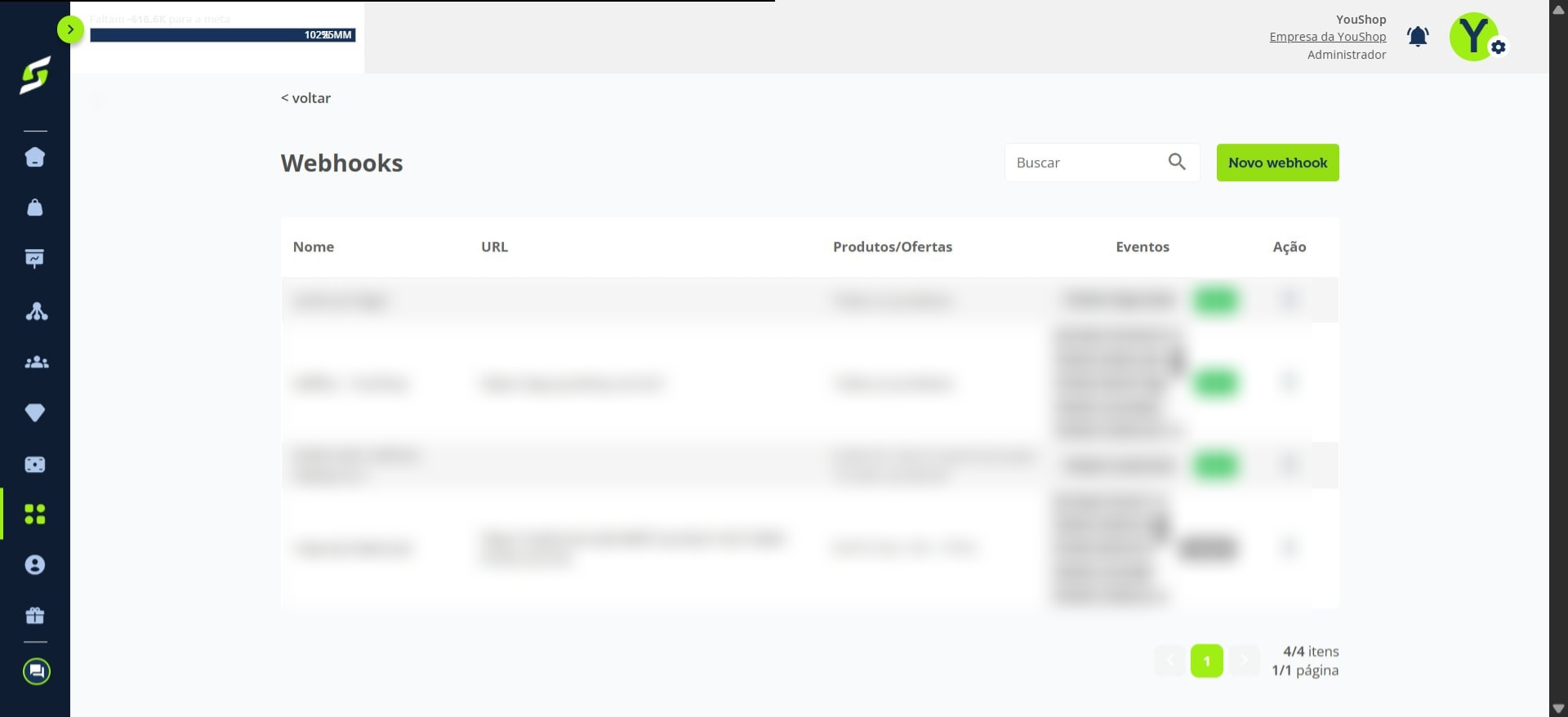 Em seguida, clique em **“Novo webhook”**.