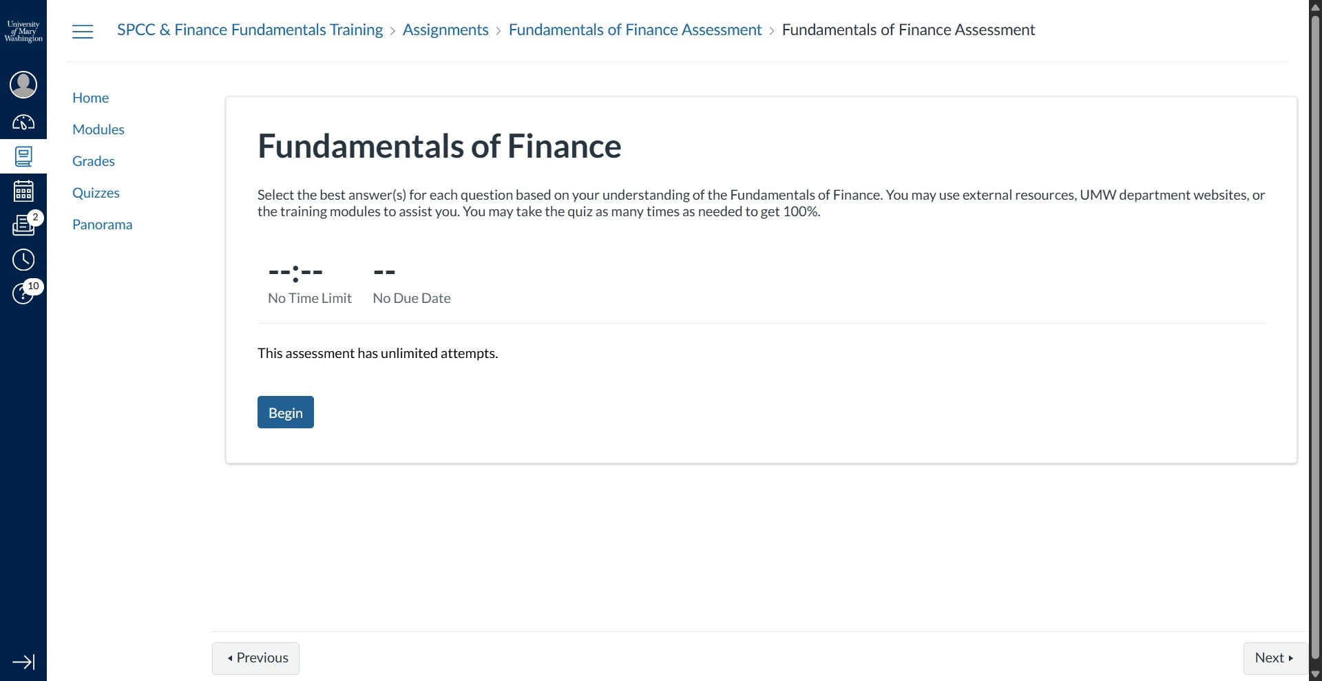 To begin the quiz, click on "Begin"