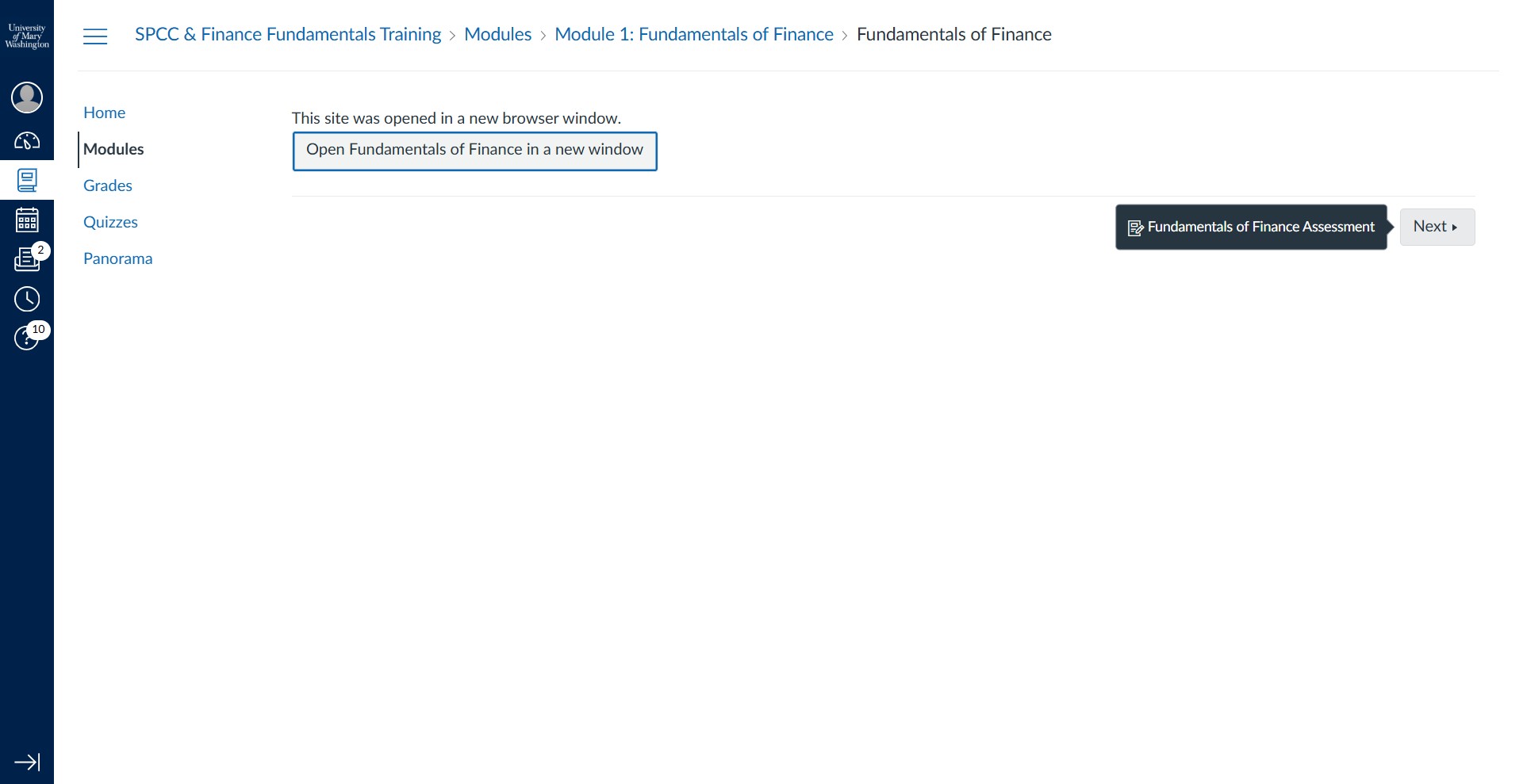 When you complete the module content and exit the window or tab, you can click on Next to access the module quiz. 