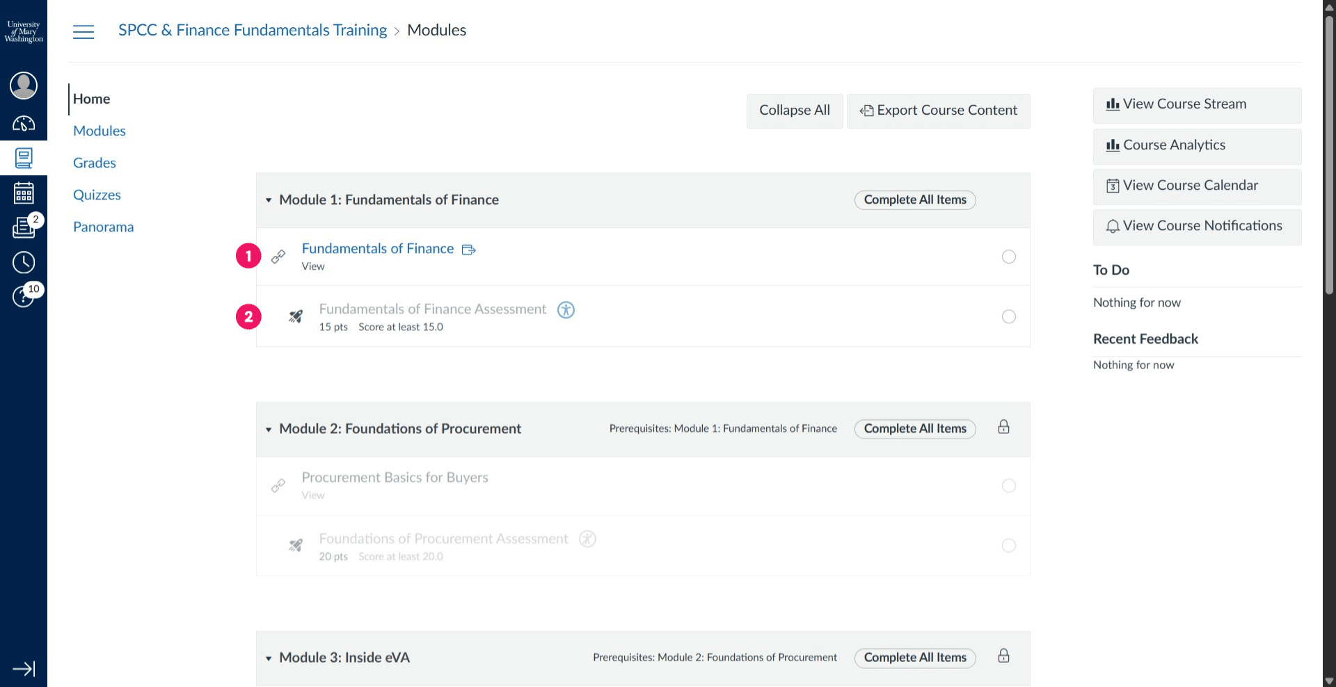 Within the course, you will have several modules of content followed by a quiz which must be passed with 100% before you can move onto the next module.You may take the quiz as many times as needed in order to pass. For navigation purposes: 1. Course content is indicated by the link icon. 2. The quiz is indicated by the rocket icon.