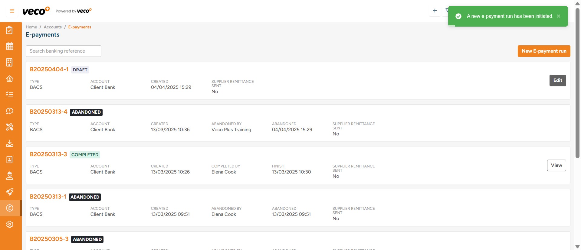 By selecting 'Edit' on the draft, you will be able to view all the payments in the batch