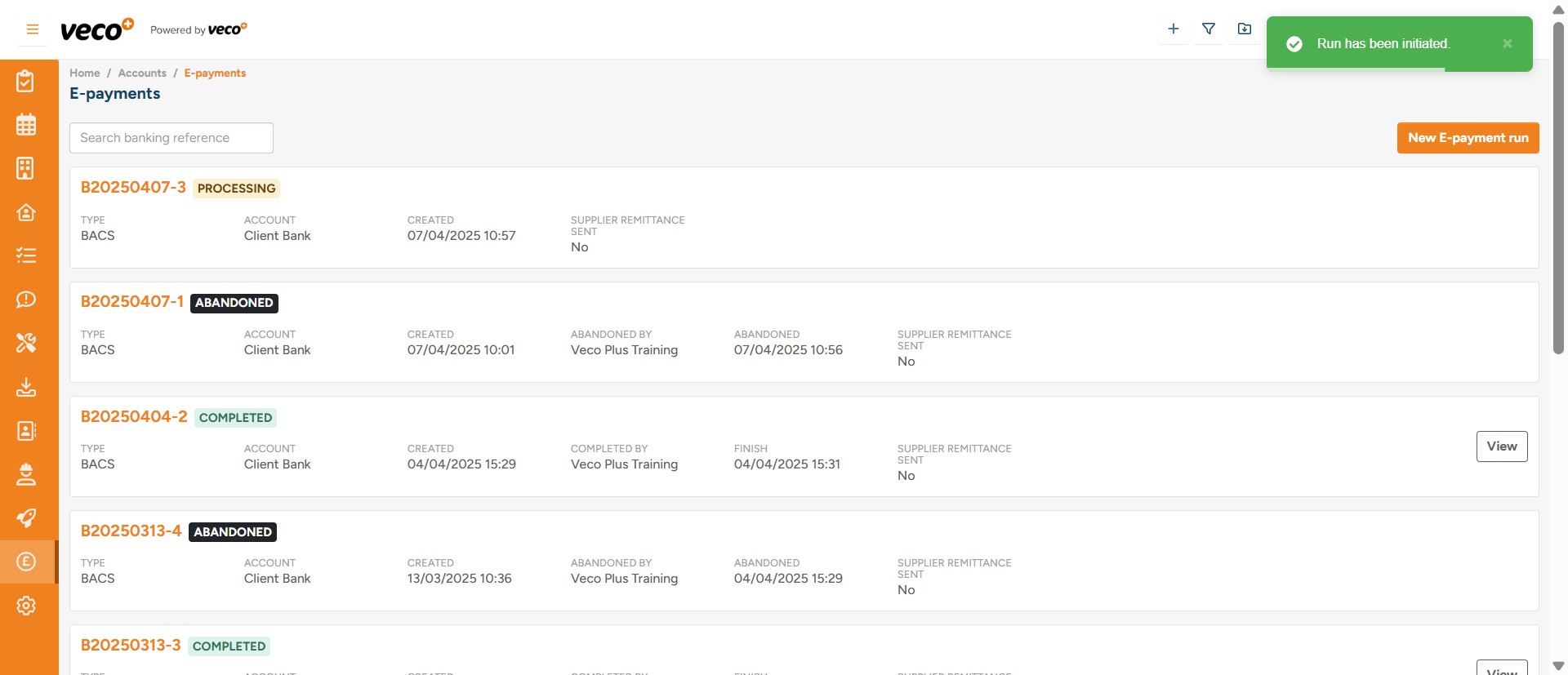 The E-payments will then begin to process with a status of 'Processing'