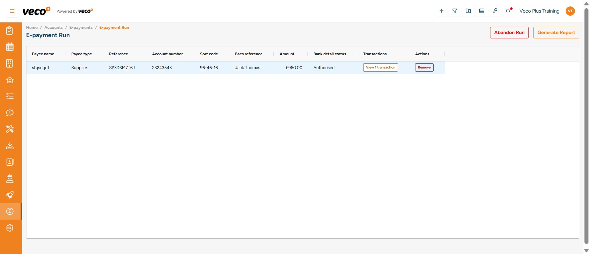 Here, you can either 'View' or 'Remove' a transaction in this batch. If you remove a transaction, it will be included in the next run that you initiate