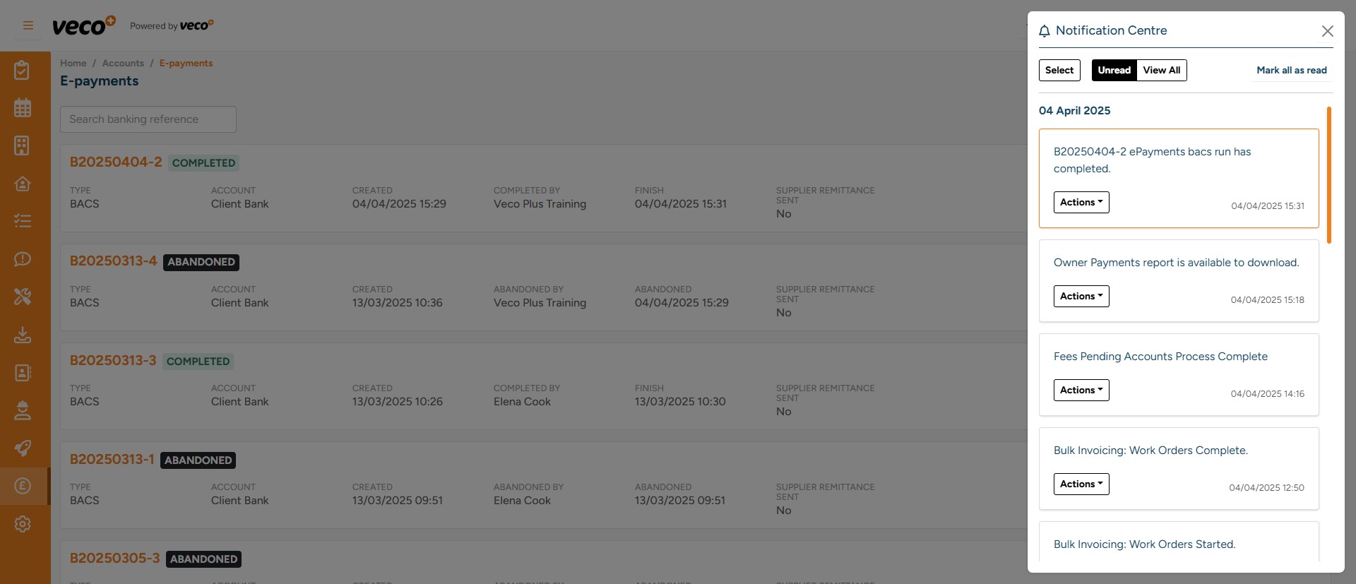 In the Notification Centre, select 'Actions' where you can either 'Mark Read' or 'Delete' the notification