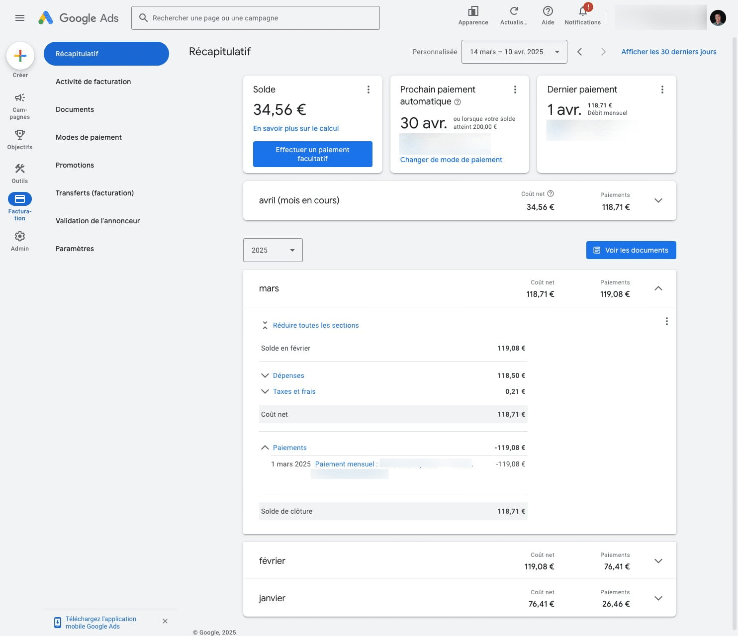 Cliquer sur "Paiement mensuel..." pour ouvrir le reçu dans un nouvel onglet.