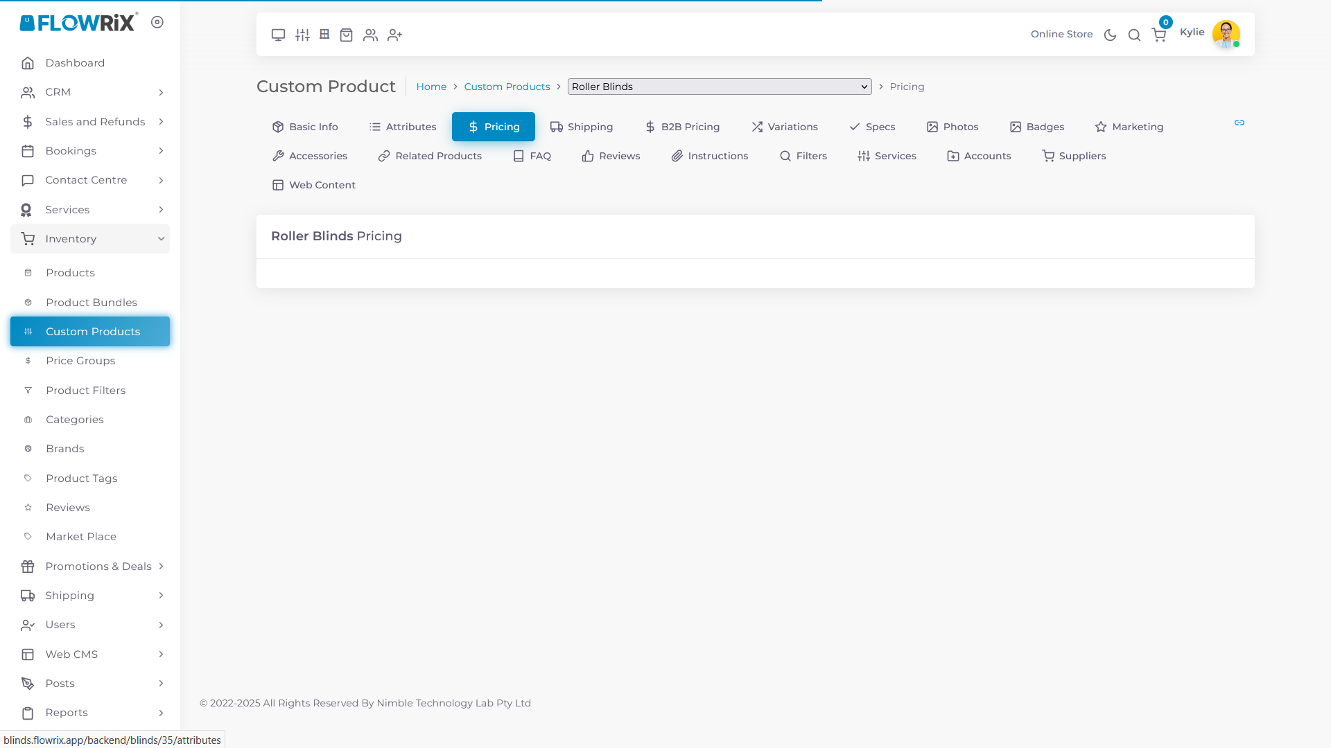 Click on **Pricing** tab, as you can see there aren't any attributes in this section.