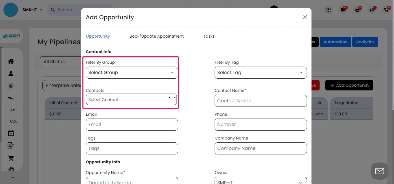 When adding a new opportunity, you can either select an existing contact from a specific group using the "Filter By Group" option or choose an individual contact from your contact list.