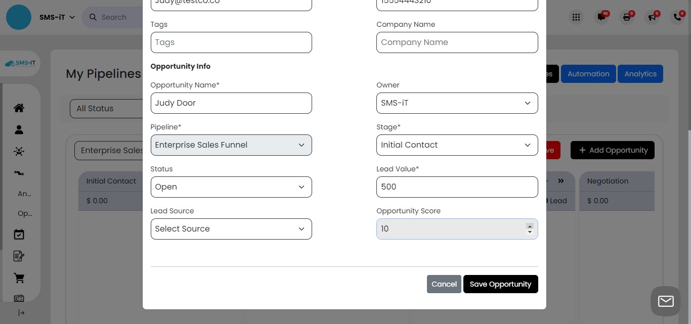 
When creating a new opportunity, the "Stage" and "Lead Value" fields are mandatory. Select the appropriate stage from the drop-down menu, and enter a numerical value for the lead's potential worth. Additionally, you can provide an "Opportunity Score" rating from 1 to 10.