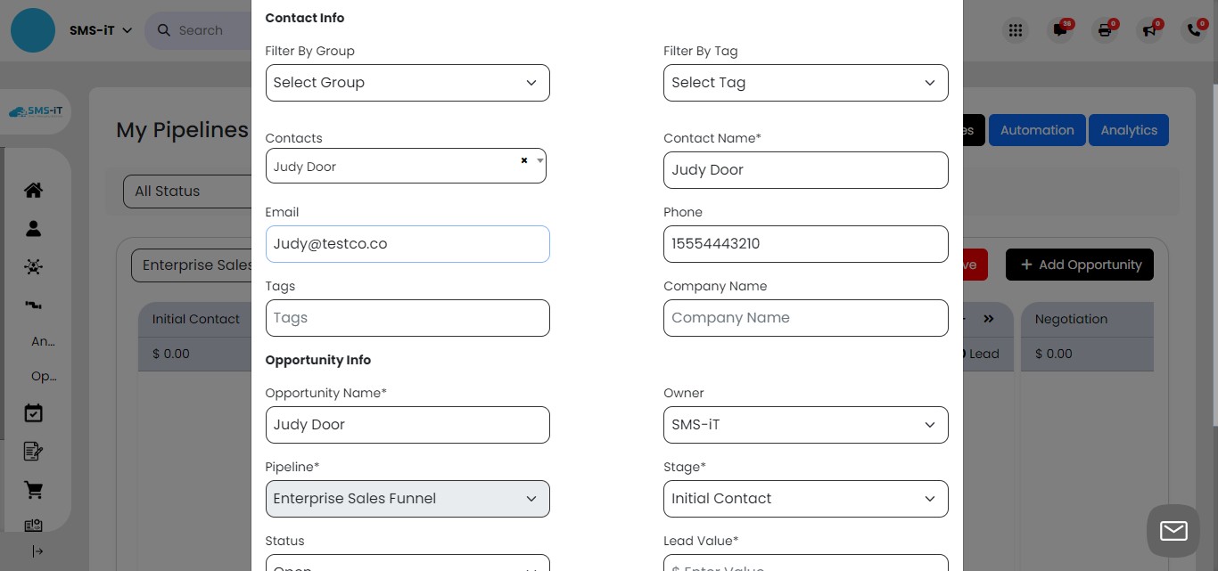 After selecting a contact, their information will be automatically populated in the opportunity details form.