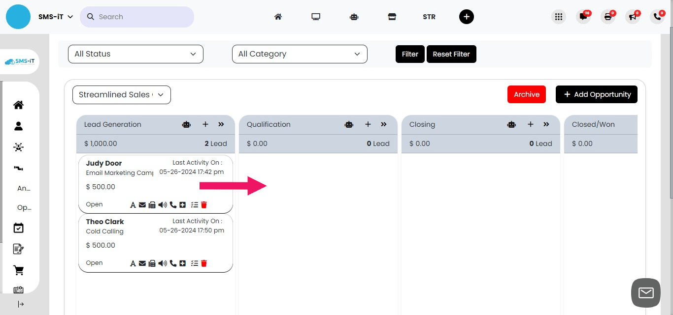 To move an opportunity to a different stage, hover your cursor over the opportunity card and drag it to the new stage in the pipeline.