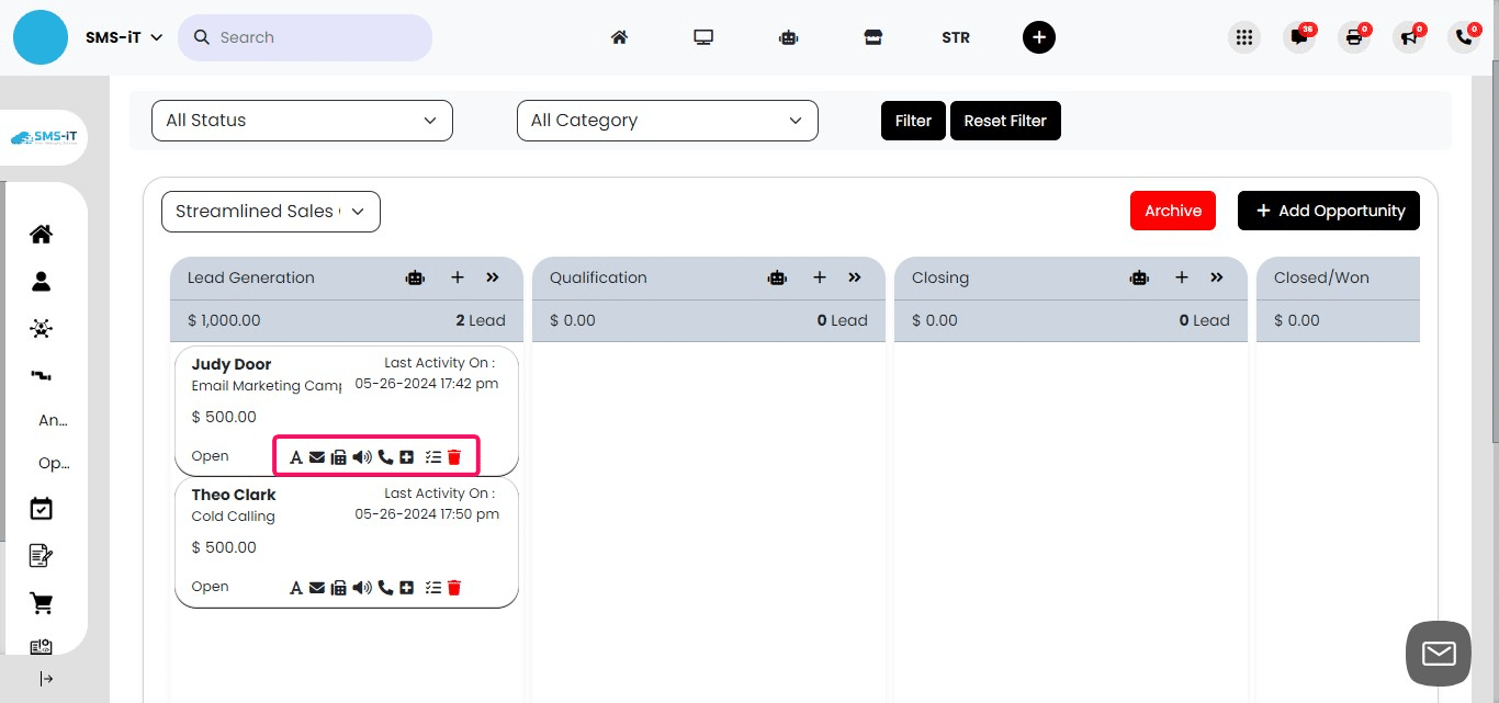 The contact bar in the opportunity view provides quick access to various actions and communication methods for engaging with your leads or customers.