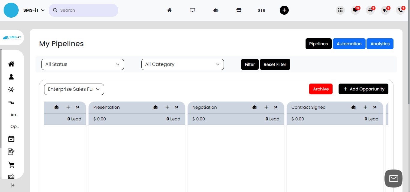 To view the stages in your pipeline, click on any stage block, then use the left and right arrow keys on your keyboard to move it right or left.