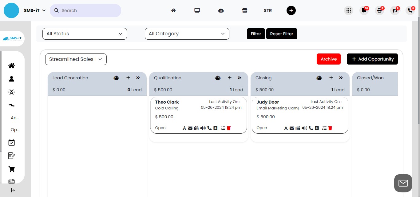  After moving an opportunity to a new stage, you can continue tracking its progress and engaging with the contact using the various communication methods and actions available in the contact bar.