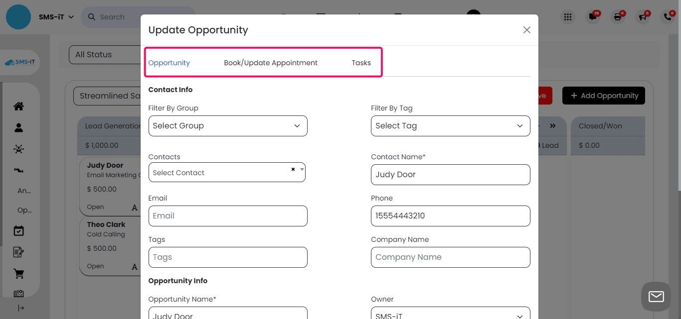 
From this menu, you can update the details of an existing opportunity, schedule or modify an appointment with the associated contact, or create a new task specifically for that opportunity. This centralized interface allows you to manage and track all appointment and task-related activities efficiently, ensuring you stay organized and never miss an important step in your sales process.