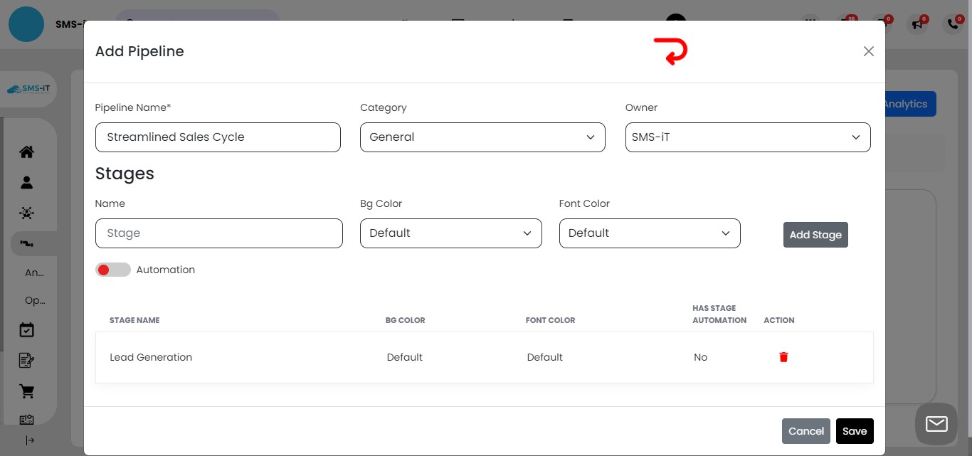 Once you've entered the stage details, click "Add Stage" to include it in your pipeline. The stage will then appear in the pipeline view, where you can delete or reorder it using the action icons.