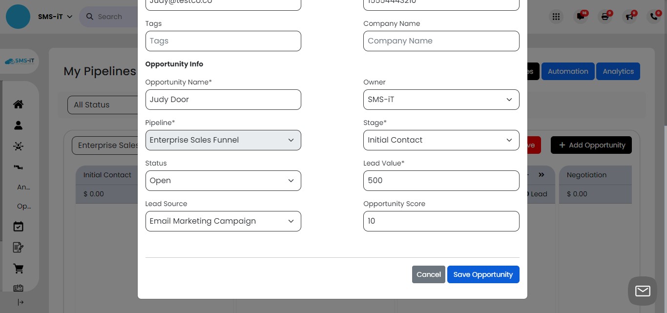 Once you've filled out all the necessary details, click the "Save Opportunity" button to create the new opportunity and add it to your pipeline.