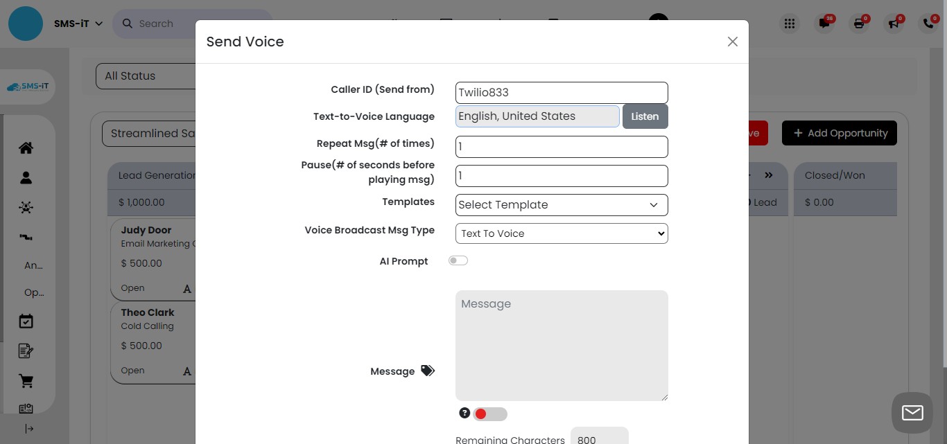 In this field you can send a voice broadcast to your contact.