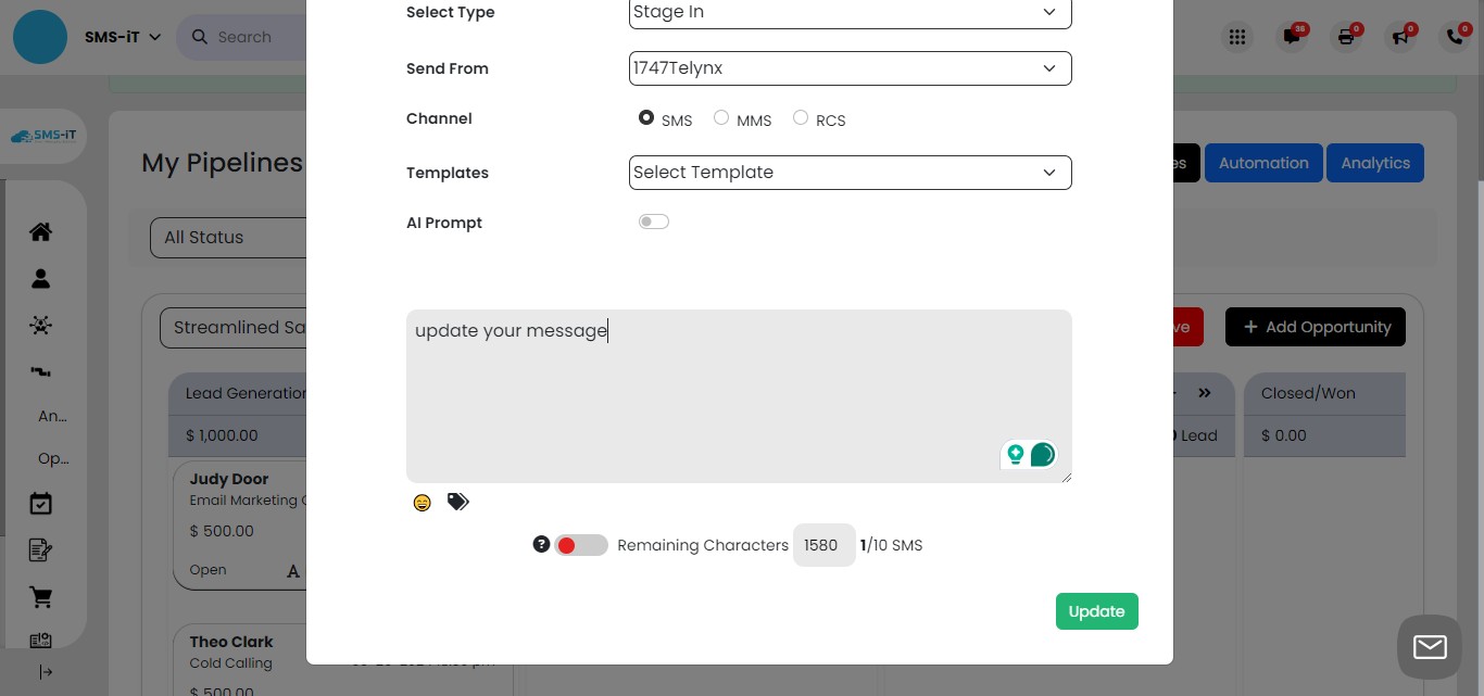 Make the necessary changes to the automation details, such as modifying the trigger stage, message content, or recipient information.