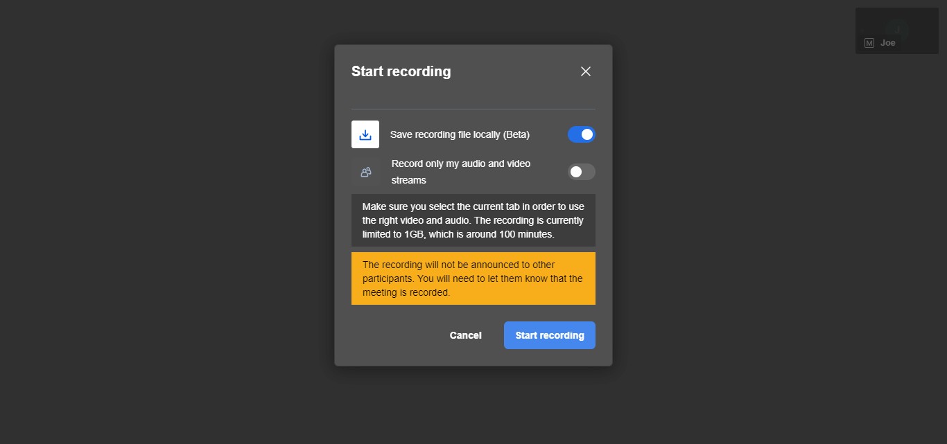 Click on "Start recording" to initiate the recording process. Please note that you have approximately 100 minutes of recording time available. If your meeting is expected to run longer, it is advisable to set a timer for 90 minutes, download the current recording, and start a new recording session to ensure uninterrupted capture.