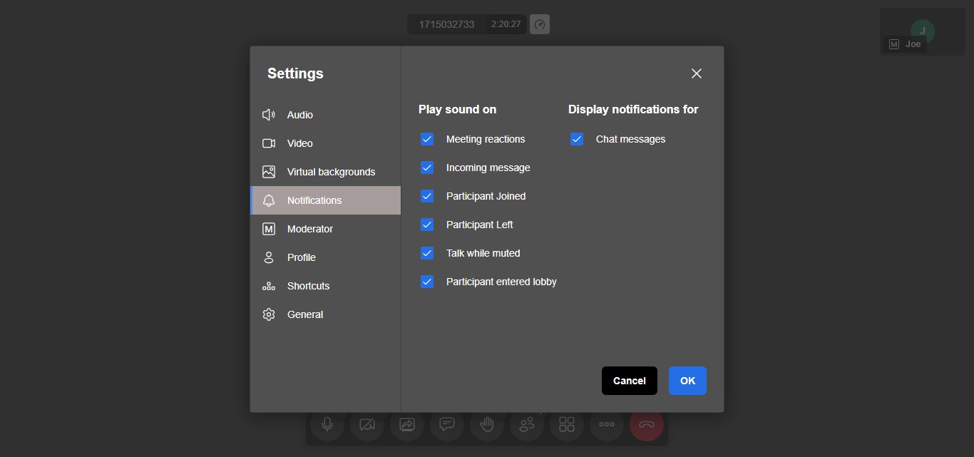 In the Notifications section, you can choose to enable or disable audio alerts by checking or unchecking the "Play sound on" option. Similarly, you can control whether chat message notifications are displayed by toggling the "Display notification for Chat messages" setting.