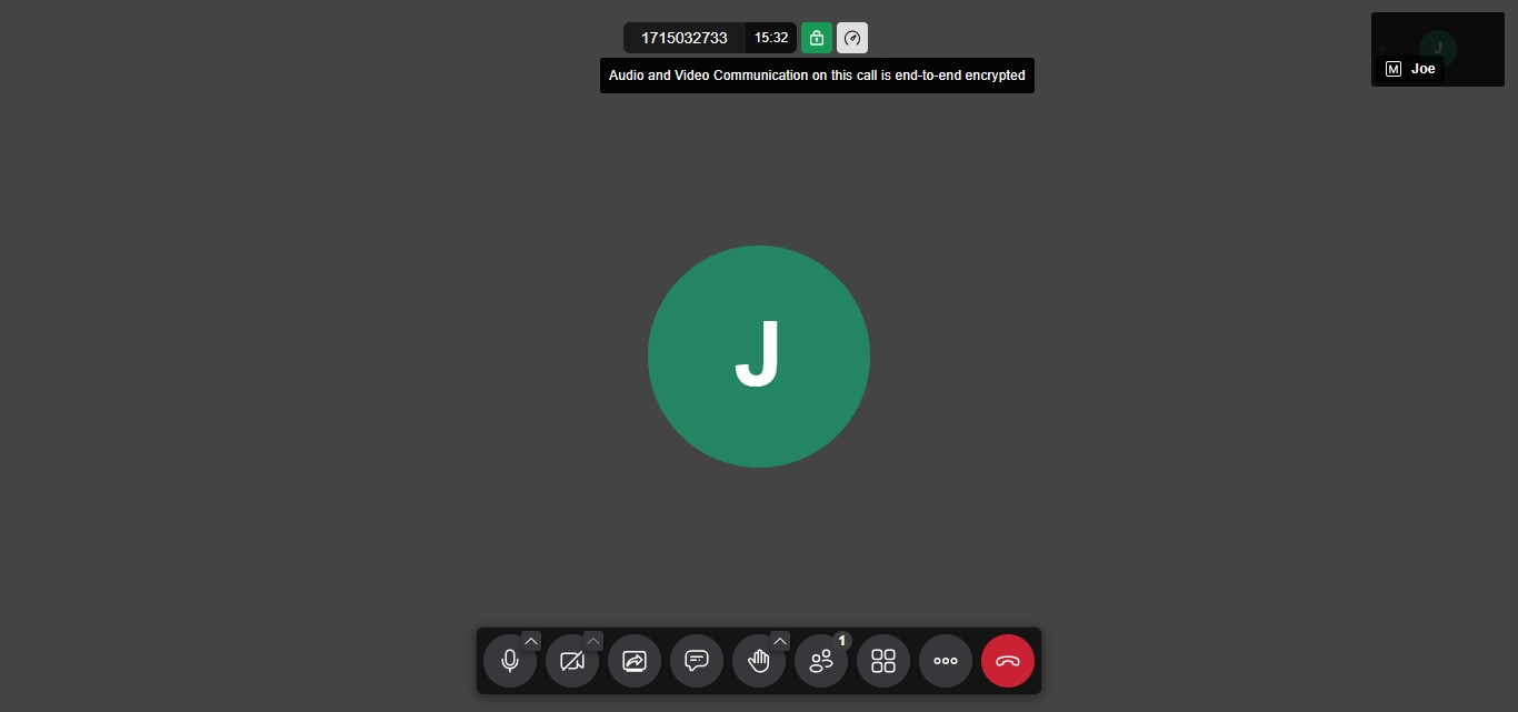 When **end-to-end encryption** is enabled, you'll see a green "Lock" icon and a notice stating that audio and video communication in the call is encrypted. This provides enhanced privacy and security, making it highly unlikely for third parties to eavesdrop. To disable encryption, simply return to the security options and toggle the switch off.