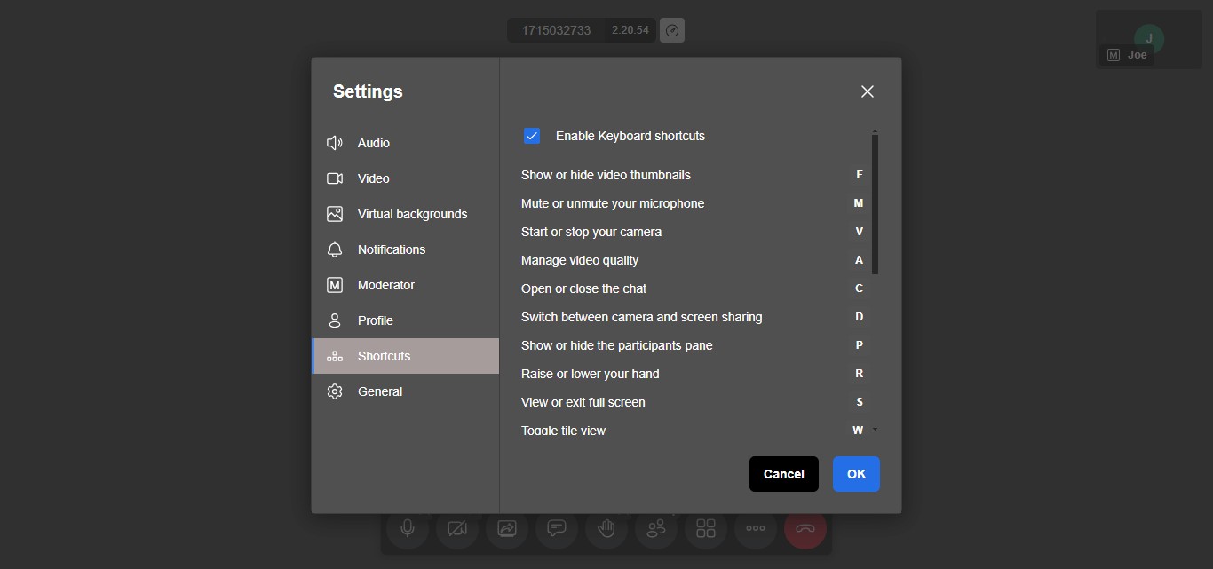 In the **Shortcuts** section, you can browse through the available keyboard shortcuts to find ones that can enhance your video call experience and make it more convenient to navigate and control various features.