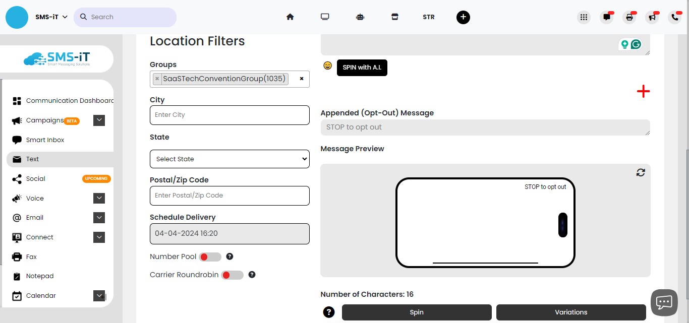 **Location Filters**

In addition to selecting your contact groups, you can further segment your audience by using optional location filters such as:

- City
- State 
- Postal Code

These filters allow you to hone in on very specific geographic areas with your SMS messaging, ensuring your bulk texts reach the most relevant recipients.

However, it's important to note that if these location fields are not filled out in the contact form for your group members, the message will not be sent to those individuals. 

Make sure your contact data is complete and accurate to maximize the reach and effectiveness of your bulk SMS campaign..