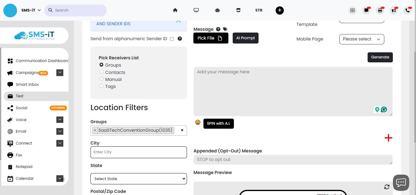 **Selecting Your Contacts**

When sending an SMS bulk text campaign, you'll first need to choose where your contacts are located in the system. 

For this example, we'll select the "Groups" option.



