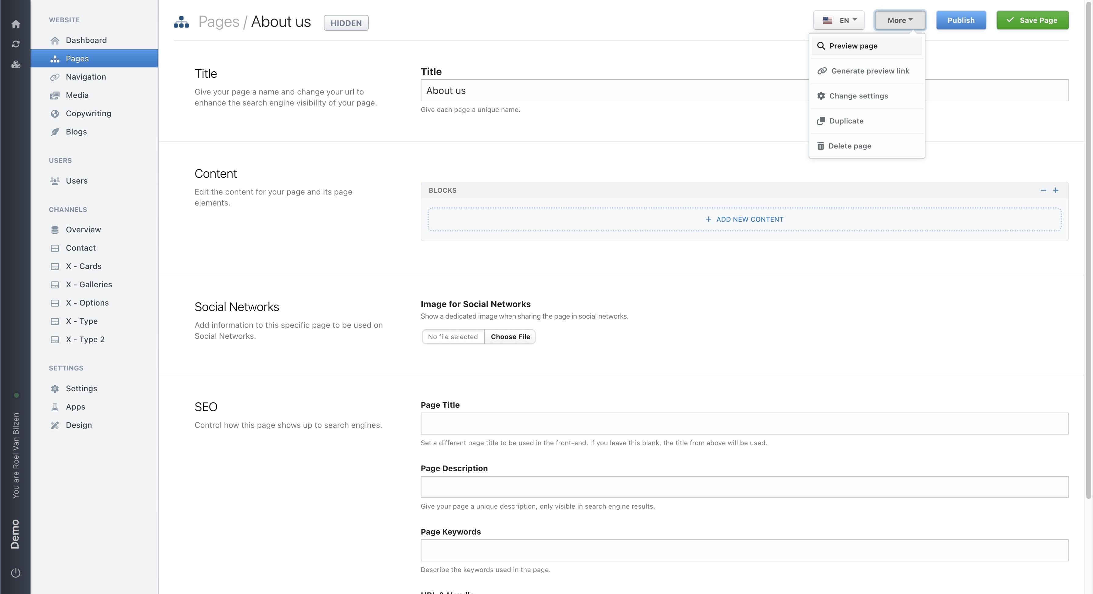 Click on "Preview page" to open a new tab with a preview of how the page would look. This is a one time use link.