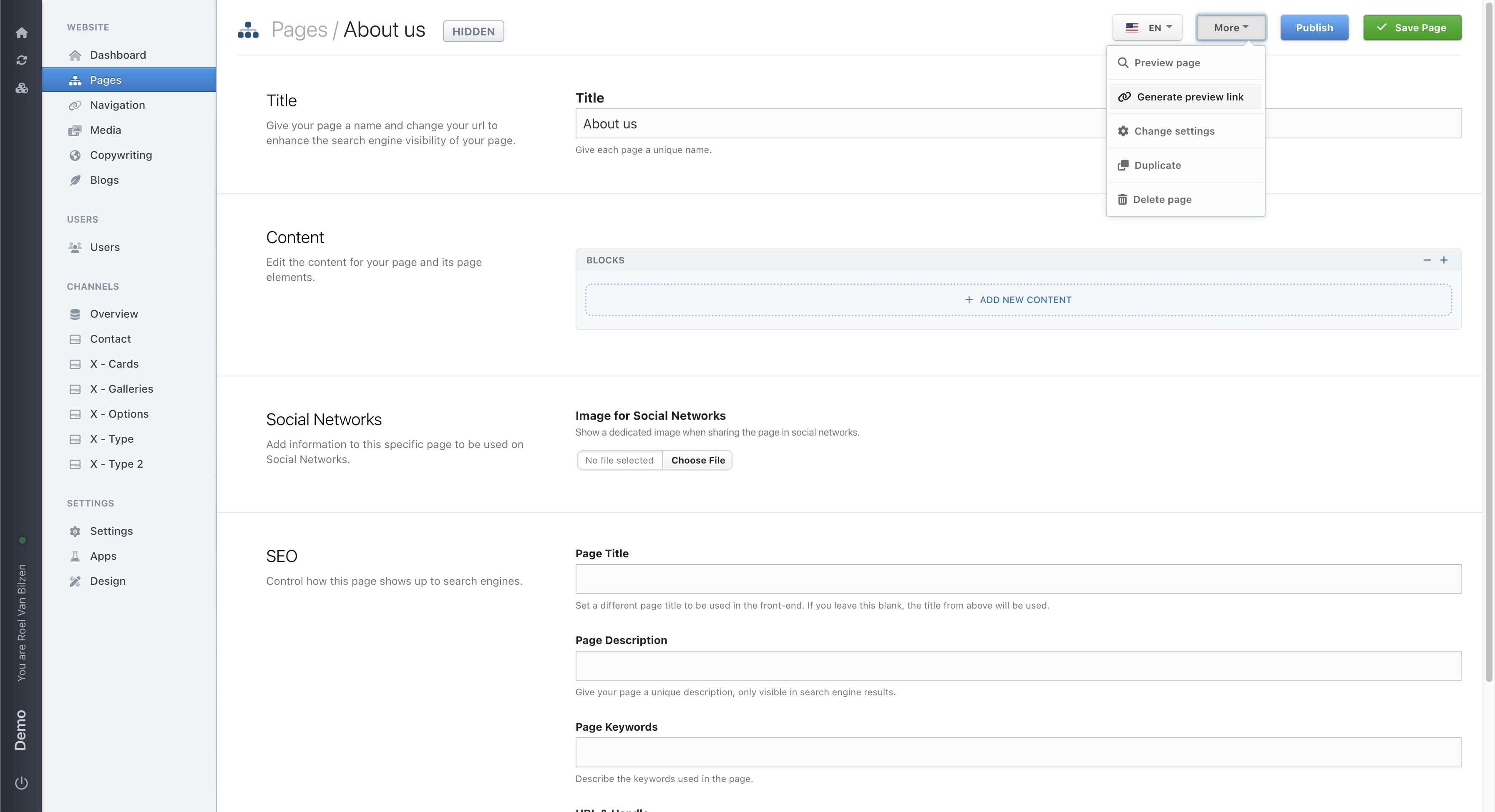 Click on "Generate preview link" will create a link to preview the page. This link will be usable for up to x days, as provides in the popup.
After clicking "Generate" a new popup will be visible with the preview link.
This option is only available when the page is hidden (not published).