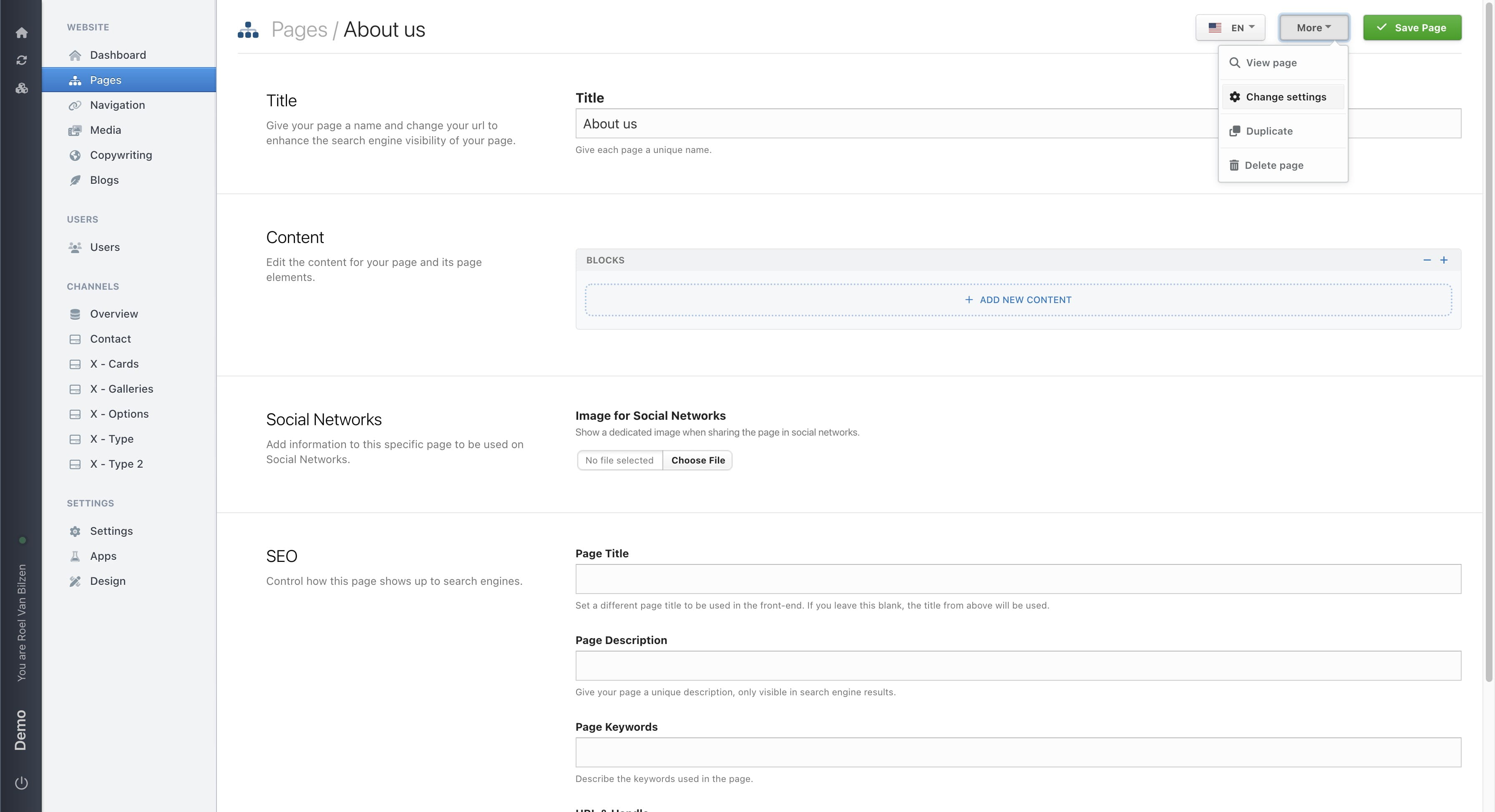 Click on "Change settins" to edit the different settings of a page.