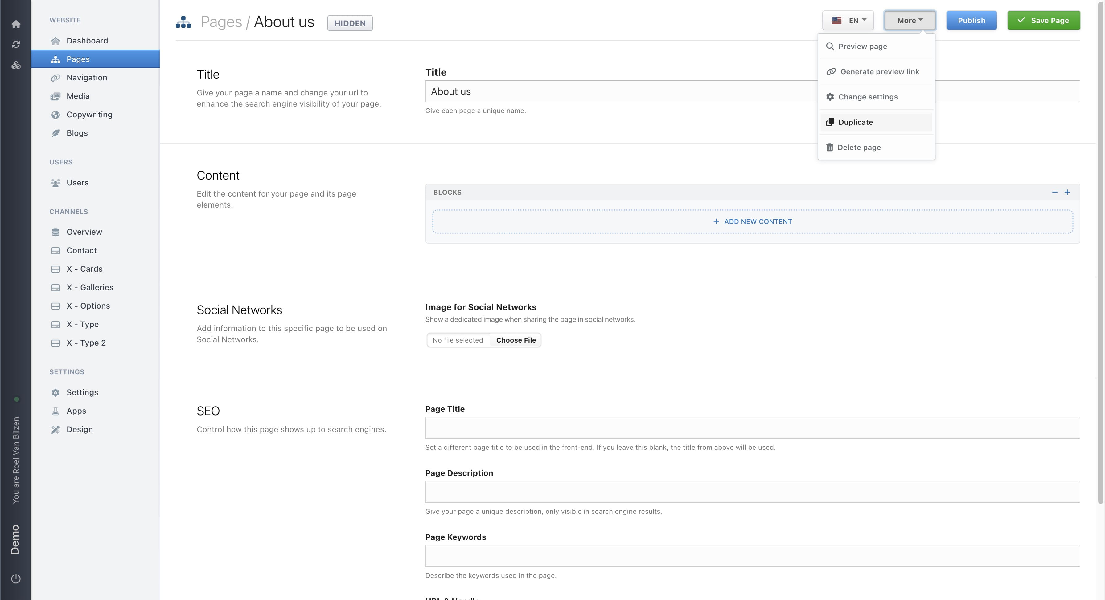 Click on "Duplicate" to make an copy of the complete page with content and settings. Before creating a copy, you provide a new title.