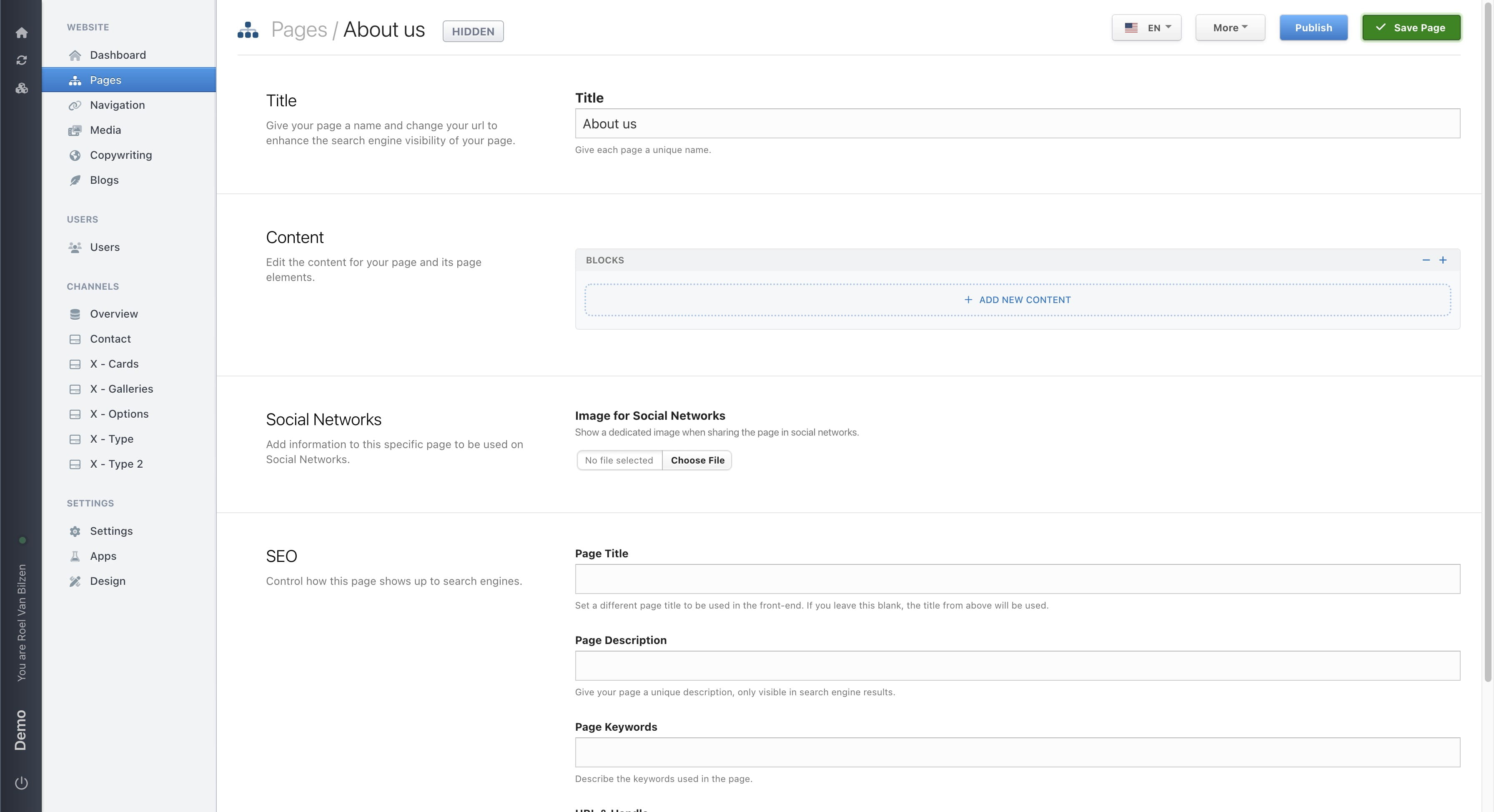 The new page is made but is not yet published.
On this page you can find all settings and content related to this page.
For each section, there is another guide to explain all in detail. Below some information about each section.