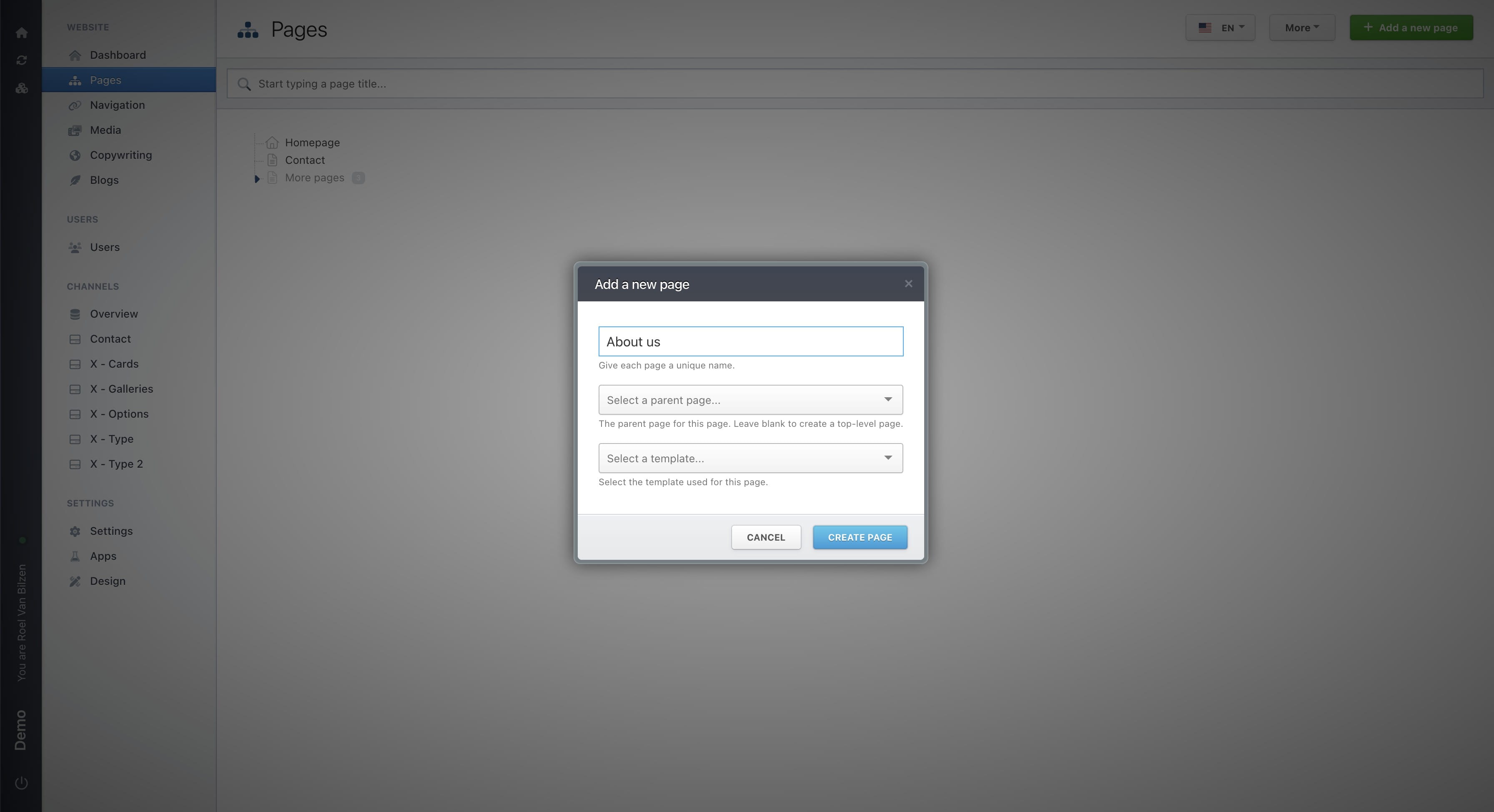 Select a parent page. This is for the structure of the different pages.
For example, if you select "Contact" the path of the new page will be /contact/over-ons. If none is selected the path will be /over-ons.