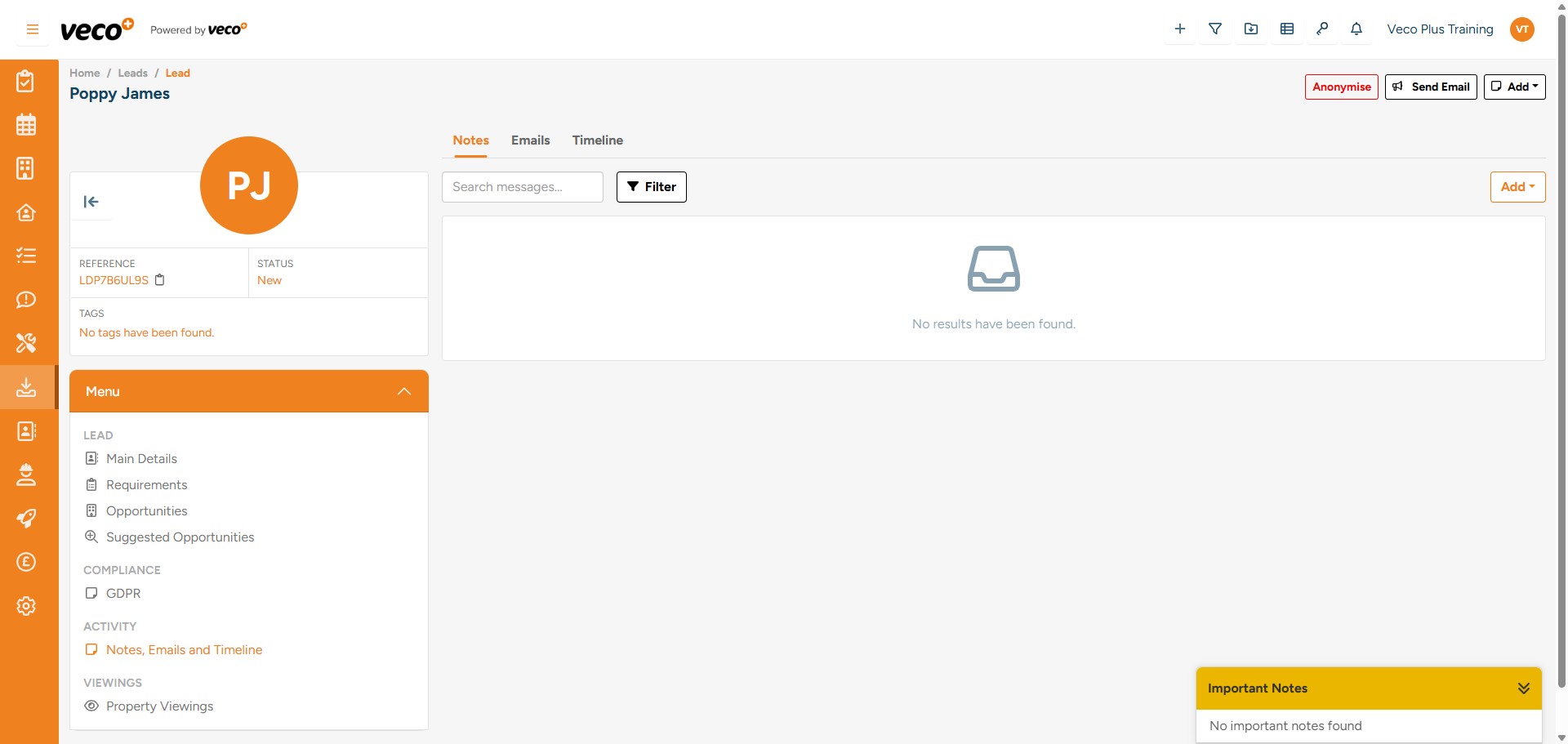 On the ‘Menu’ in the lower left corner, you can view all ‘Notes, Emails and Timeline’ for this record
