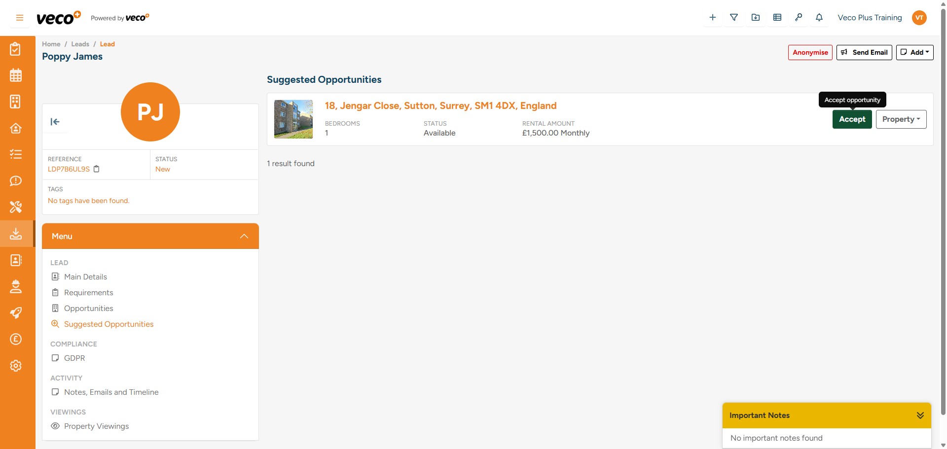 This will list properties you can suggest, based on the Lead's requirements. If you select 'Accept' the property will appear in the 'Opportunites'