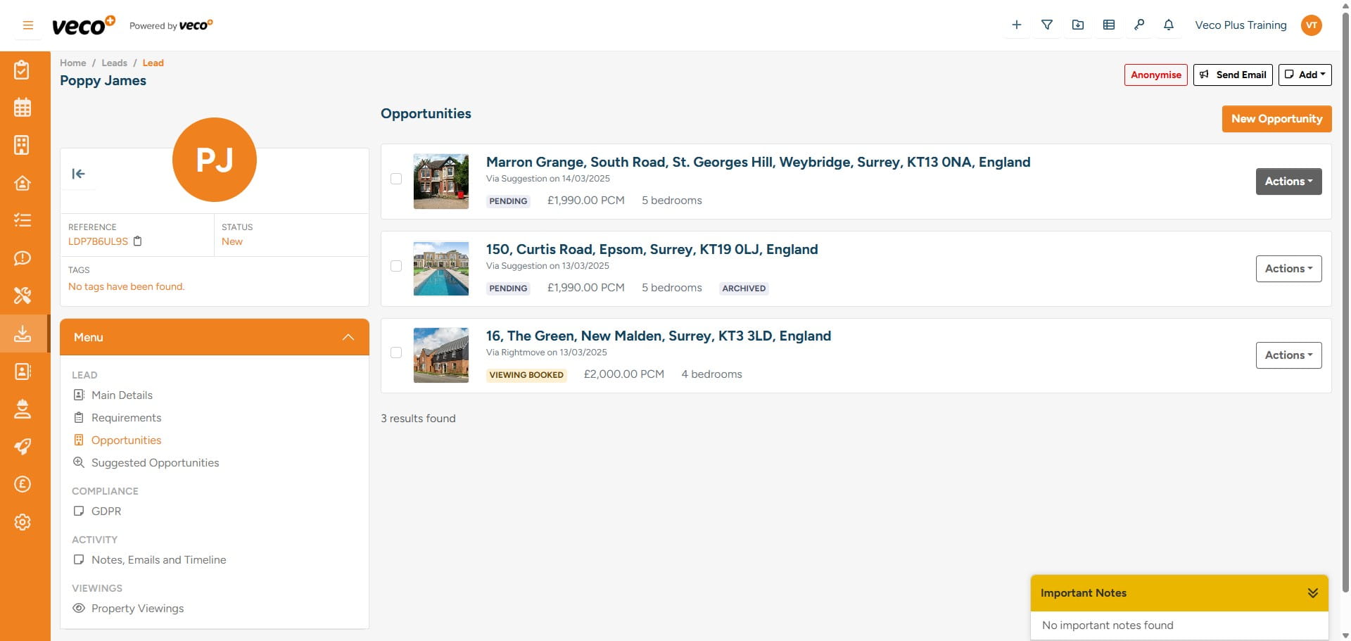 Once you have selected 'Save', the property will appear on a list, from here you can select 'Actions' 