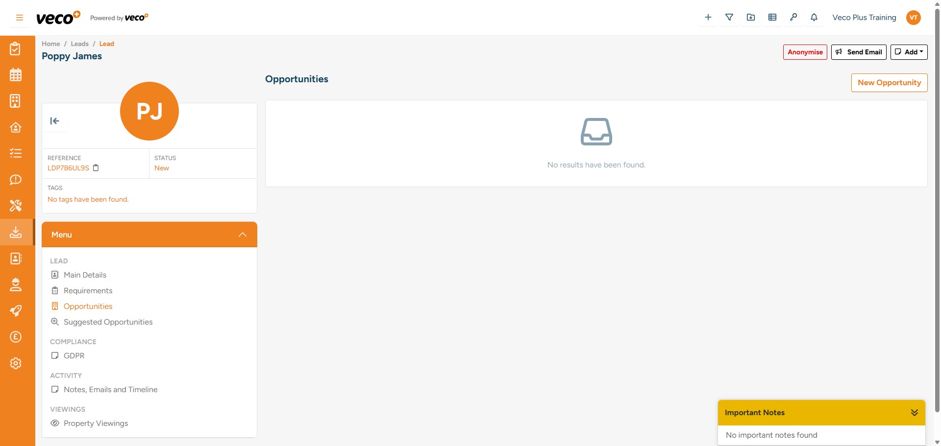 Select 'New Opportunities'. This is where you can add any properties that you would like to present to the Lead