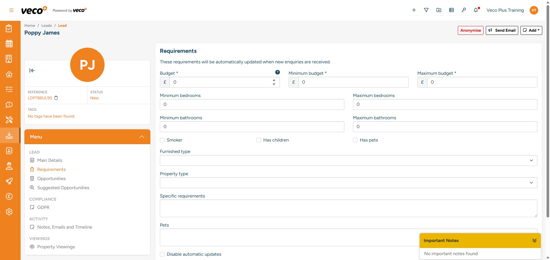 Following that, you should input the Lead's 'Requirements,' accessible from the ‘Menu’ located in the lower left corner. After entering the requirements, select ‘Save'
