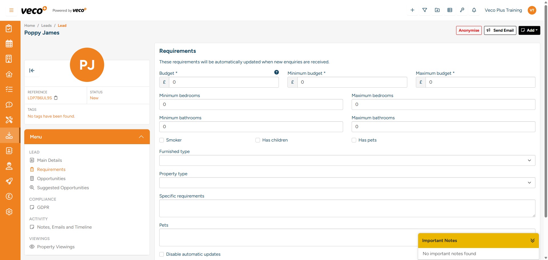 If you would like to include additional information about the Lead, you can add a note using the add button