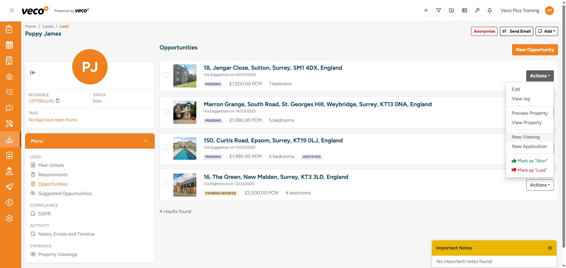 The ‘Action’ button provides options for navigating to different areas of the system, as outlined below. If you would like to schedule a ‘Viewing’ or if the Lead is interested in the property, you can create a new ‘Application’

