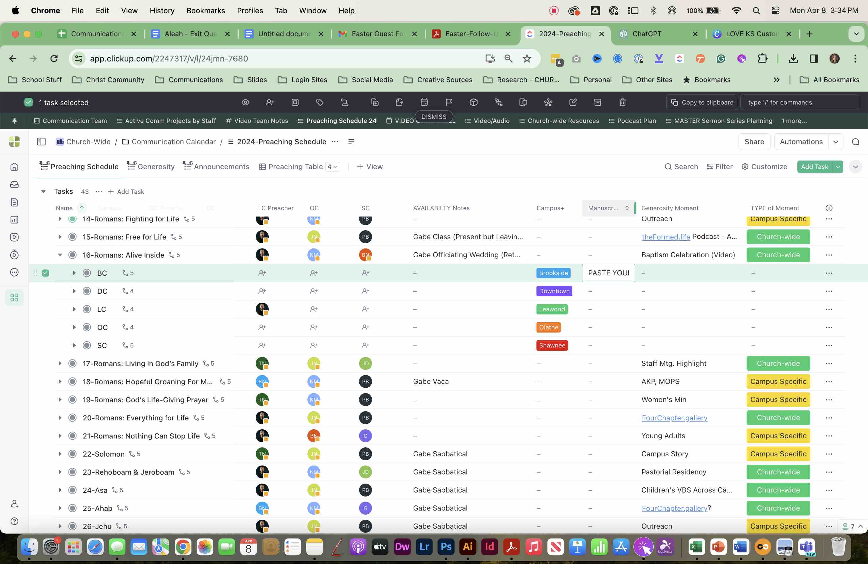 **SCROLL** to the right in the main preaching schedule window.
**CLICK** in the field under MANUSCRIPT FOLDER and **PASTE** your Google Drive Folder link into the field.
Double-check that you are putting the link in YOUR campus row!
SUCCESS: The Google Drive link should now be visible in the field.